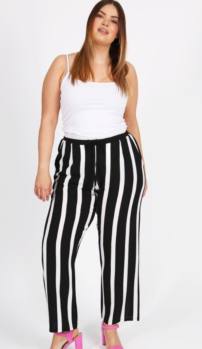 Shape Black Striped Wide Leg Pants, Curve